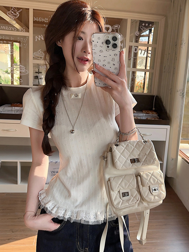 Plus Size Lace Trim Knitted Short Sleeve T-Shirt for Women, Summer Korean Style Slim Fit Top, Elegant Casual Wear Plus Size Lace Trim Knitted Short Sleeve T-Shirt for Women, Summer Korean Style Slim Fit Top, Elegant Casual Wear