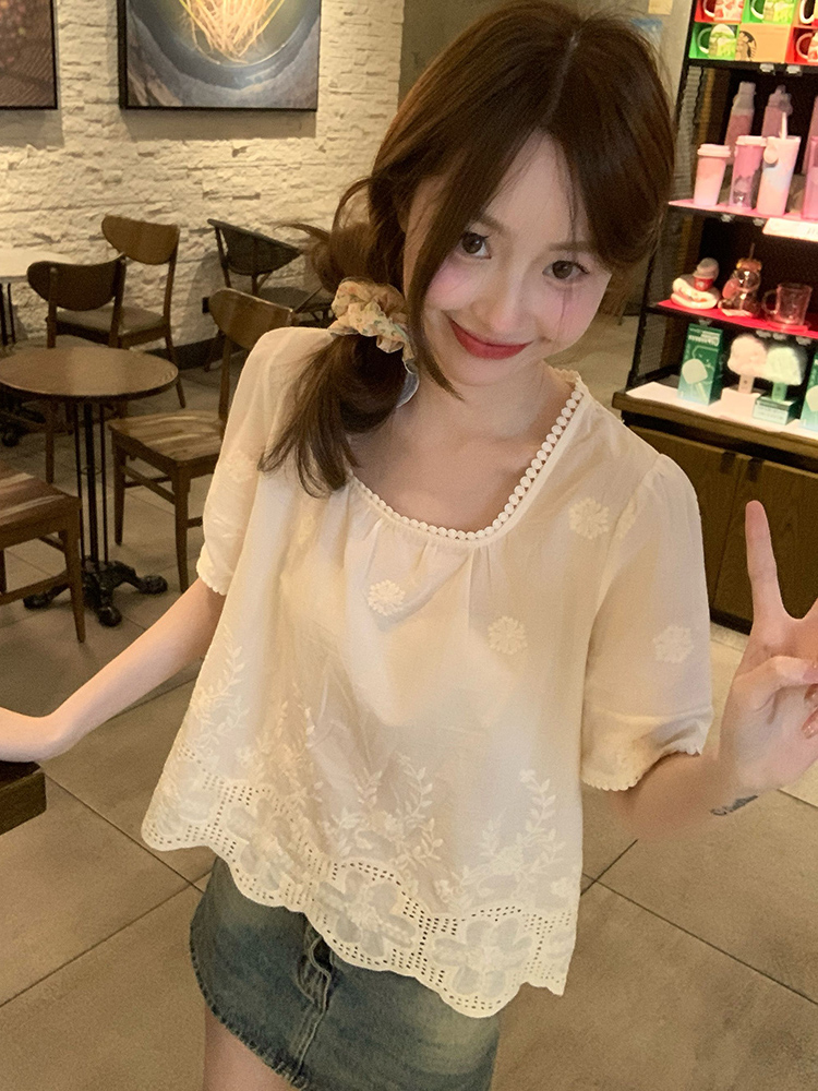 Plus Size Lace Trim Square Neck Short Sleeve Shirt - Stylish Cropped Summer Top for Curvy Figures, Loose Fit, Flattering Design Plus Size Lace Trim Square Neck Short Sleeve Shirt - Stylish Cropped Summer Top for Curvy Figures, Loose Fit, Flattering Design