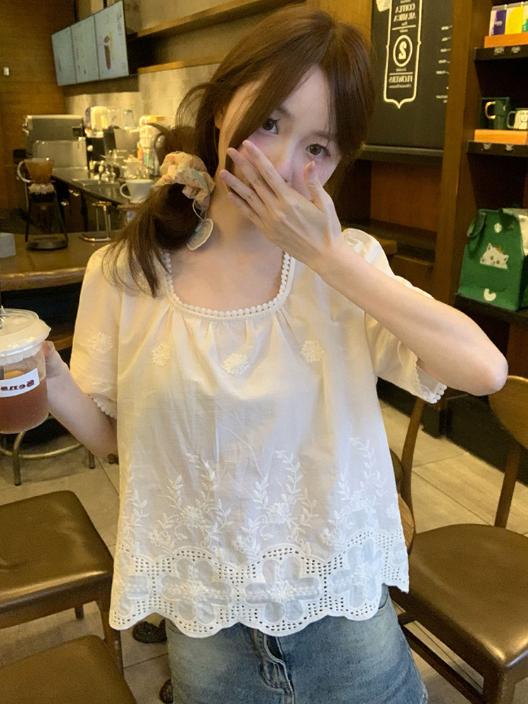 Plus Size Lace Trim Square Neck Short Sleeve Shirt - Stylish Cropped Summer Top for Curvy Figures, Loose Fit, Flattering Design Plus Size Lace Trim Square Neck Short Sleeve Shirt - Stylish Cropped Summer Top for Curvy Figures, Loose Fit, Flattering Design