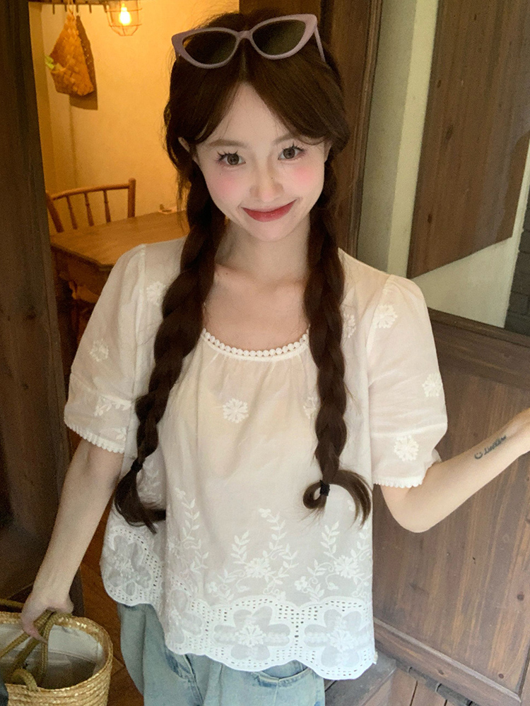 Plus Size Lace Trim Square Neck Short Sleeve Shirt - Stylish Cropped Summer Top for Curvy Figures, Loose Fit, Flattering Design Plus Size Lace Trim Square Neck Short Sleeve Shirt - Stylish Cropped Summer Top for Curvy Figures, Loose Fit, Flattering Design