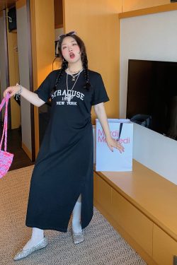 Plus-Size Letter Print Dress for Women, Slimming Summer 2025 Black Long Skirt with Slit, Chic and Comfortable Fashion