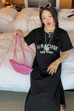 Plus-Size Letter Print Dress for Women, Slimming Summer 2025 Black Long Skirt with Slit, Chic and Comfortable Fashion