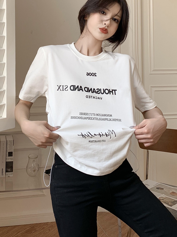 Plus Size Letter Print Short Sleeve T-Shirt for Women, Loose Drawstring Summer Top, Slimming Tummy-Covering Design Plus Size Letter Print Short Sleeve T-Shirt for Women, Loose Drawstring Summer Top, Slimming Tummy-Covering Design