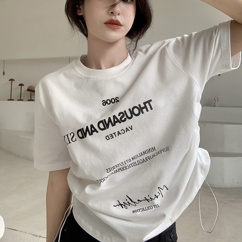 Plus Size Letter Print Short Sleeve T-Shirt for Women, Loose Drawstring Summer Top, Slimming Tummy-Covering Design Plus Size Letter Print Short Sleeve T-Shirt for Women, Loose Drawstring Summer Top, Slimming Tummy-Covering Design