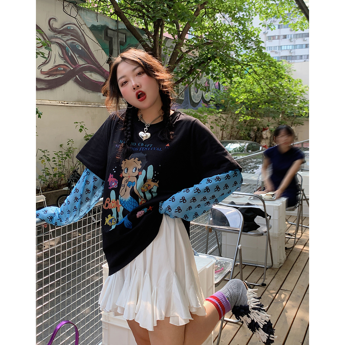 Plus-Size Long Sleeve T-Shirt for Women, Fake Two-Piece Design, 2025 Spring Style, Niche Fashion Top Plus-Size Long Sleeve T-Shirt for Women, Fake Two-Piece Design, 2025 Spring Style, Niche Fashion Top