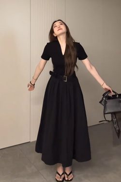 Plus Size Long V-Neck Little Black Dress for Women, Flattering A-Line Hem, Waist-Cinching, Short Sleeve, Elegant Style