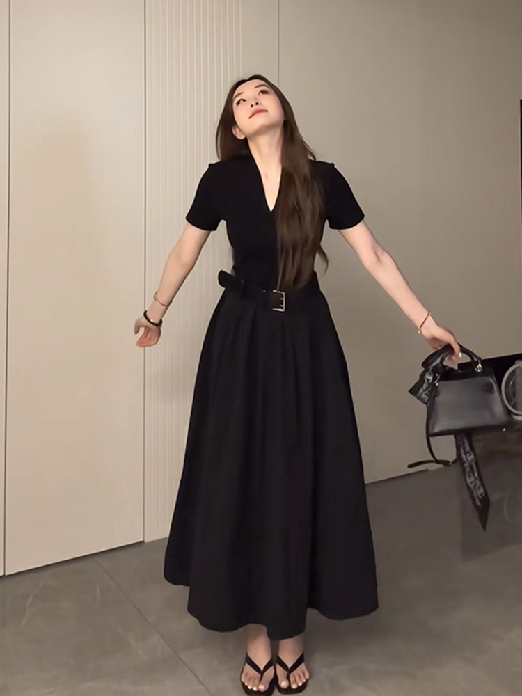 Plus Size Long V-Neck Little Black Dress for Women, Flattering A-Line Hem, Waist-Cinching, Short Sleeve, Elegant Style Plus Size Long V-Neck Little Black Dress for Women, Flattering A-Line Hem, Waist-Cinching, Short Sleeve, Elegant Style