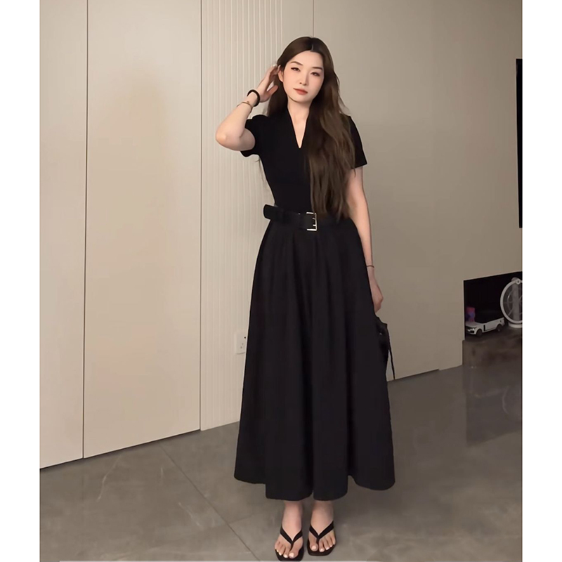 Plus Size Long V-Neck Little Black Dress for Women, Flattering A-Line Hem, Waist-Cinching, Short Sleeve, Elegant Style Plus Size Long V-Neck Little Black Dress for Women, Flattering A-Line Hem, Waist-Cinching, Short Sleeve, Elegant Style