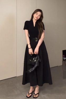 Plus Size Long V-Neck Little Black Dress for Women, Flattering A-Line Hem, Waist-Cinching, Short Sleeve, Elegant Style