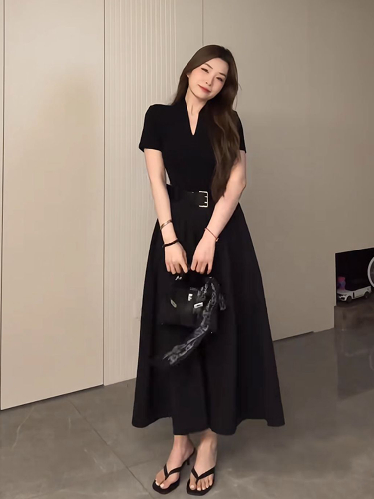 Plus Size Long V-Neck Little Black Dress for Women, Flattering A-Line Hem, Waist-Cinching, Short Sleeve, Elegant Style Plus Size Long V-Neck Little Black Dress for Women, Flattering A-Line Hem, Waist-Cinching, Short Sleeve, Elegant Style