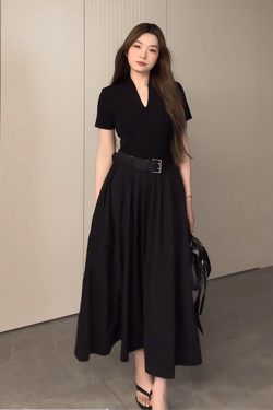 Plus Size Long V-Neck Little Black Dress for Women, Flattering A-Line Hem, Waist-Cinching, Short Sleeve, Elegant Style