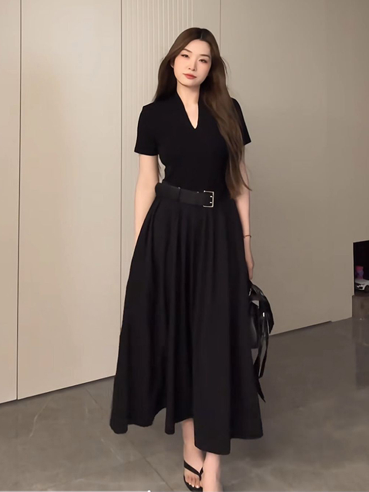 Plus Size Long V-Neck Little Black Dress for Women, Flattering A-Line Hem, Waist-Cinching, Short Sleeve, Elegant Style Plus Size Long V-Neck Little Black Dress for Women, Flattering A-Line Hem, Waist-Cinching, Short Sleeve, Elegant Style