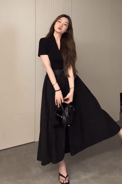 Plus Size Long V-Neck Little Black Dress for Women, Flattering A-Line Hem, Waist-Cinching, Short Sleeve, Elegant Style