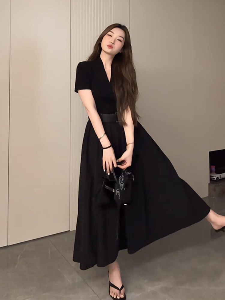 Plus Size Long V-Neck Little Black Dress for Women, Flattering A-Line Hem, Waist-Cinching, Short Sleeve, Elegant Style Plus Size Long V-Neck Little Black Dress for Women, Flattering A-Line Hem, Waist-Cinching, Short Sleeve, Elegant Style