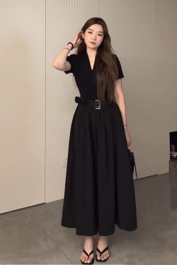 Plus Size Long V-Neck Little Black Dress for Women, Flattering A-Line Hem, Waist-Cinching, Short Sleeve, Elegant Style