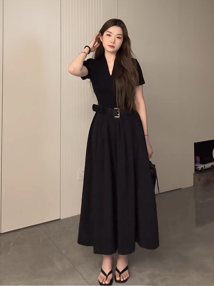 Plus Size Long V-Neck Little Black Dress for Women, Flattering A-Line Hem, Waist-Cinching, Short Sleeve, Elegant Style Plus Size Long V-Neck Little Black Dress for Women, Flattering A-Line Hem, Waist-Cinching, Short Sleeve, Elegant Style