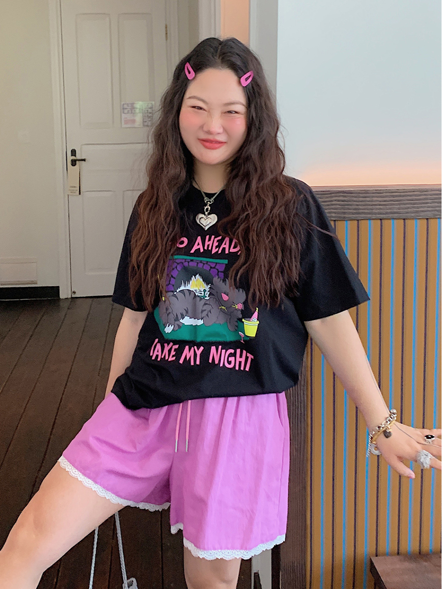 Plus Size Loose Cat Short Sleeve T-Shirt for Women - Korean Style Summer 2025 Lazy Fashion Top Plus Size Loose Cat Short Sleeve T-Shirt for Women - Korean Style Summer 2025 Lazy Fashion Top