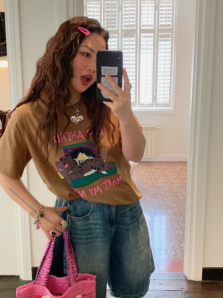 Plus Size Loose Cat Short Sleeve T-Shirt for Women - Korean Style Summer 2025 Lazy Fashion Top Plus Size Loose Cat Short Sleeve T-Shirt for Women - Korean Style Summer 2025 Lazy Fashion Top