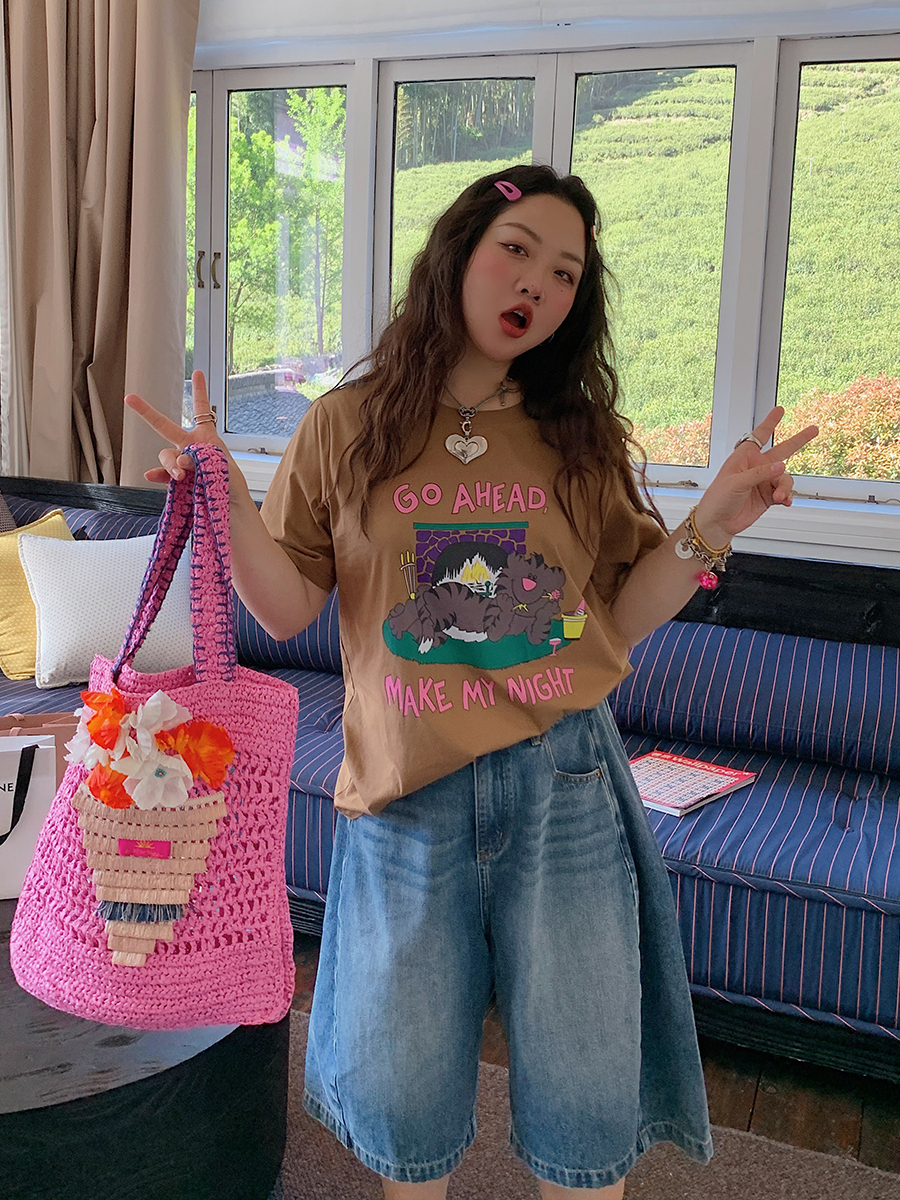 Plus Size Loose Cat Short Sleeve T-Shirt for Women - Korean Style Summer 2025 Lazy Fashion Top Plus Size Loose Cat Short Sleeve T-Shirt for Women - Korean Style Summer 2025 Lazy Fashion Top