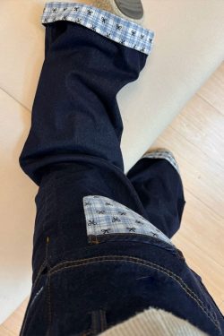 Plus Size Loose-Fitting Boyfriend Wide-Leg Pants for Pear-Shaped Figures, Slimming Deep Blue Patchwork Cuffed Jeans