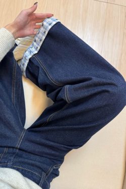 Plus Size Loose-Fitting Boyfriend Wide-Leg Pants for Pear-Shaped Figures, Slimming Deep Blue Patchwork Cuffed Jeans