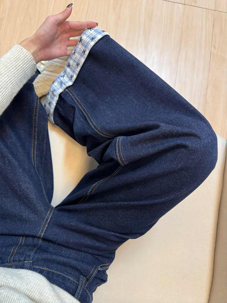 Plus Size Loose-Fitting Boyfriend Wide-Leg Pants for Pear-Shaped Figures, Slimming Deep Blue Patchwork Cuffed Jeans Plus Size Loose-Fitting Boyfriend Wide-Leg Pants for Pear-Shaped Figures, Slimming Deep Blue Patchwork Cuffed Jeans