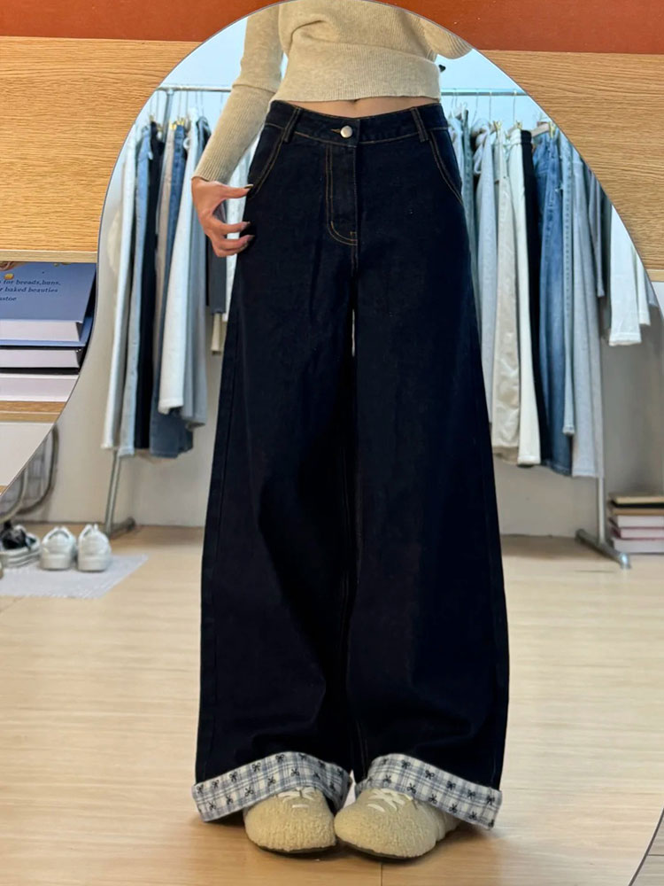 Plus Size Loose-Fitting Boyfriend Wide-Leg Pants for Pear-Shaped Figures, Slimming Deep Blue Patchwork Cuffed Jeans Plus Size Loose-Fitting Boyfriend Wide-Leg Pants for Pear-Shaped Figures, Slimming Deep Blue Patchwork Cuffed Jeans