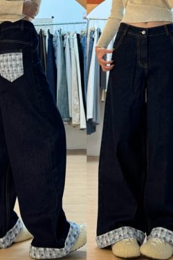 Plus Size Loose-Fitting Boyfriend Wide-Leg Pants for Pear-Shaped Figures, Slimming Deep Blue Patchwork Cuffed Jeans