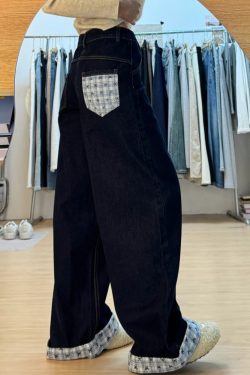 Plus Size Loose-Fitting Boyfriend Wide-Leg Pants for Pear-Shaped Figures, Slimming Deep Blue Patchwork Cuffed Jeans