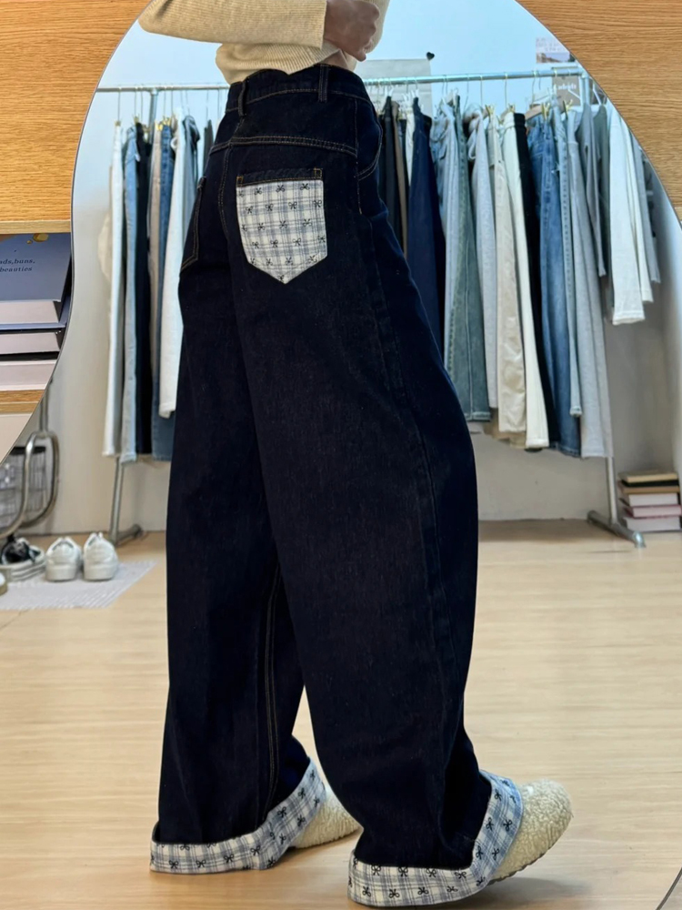 Plus Size Loose-Fitting Boyfriend Wide-Leg Pants for Pear-Shaped Figures, Slimming Deep Blue Patchwork Cuffed Jeans Plus Size Loose-Fitting Boyfriend Wide-Leg Pants for Pear-Shaped Figures, Slimming Deep Blue Patchwork Cuffed Jeans