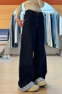 Plus Size Loose-Fitting Boyfriend Wide-Leg Pants for Pear-Shaped Figures, Slimming Deep Blue Patchwork Cuffed Jeans