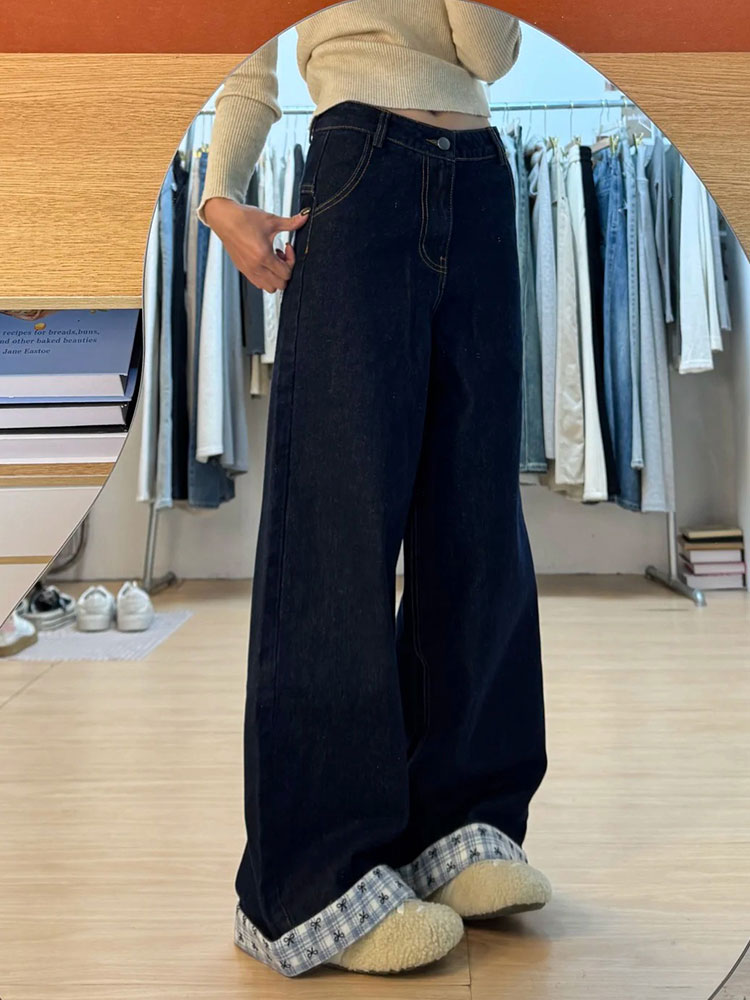 Plus Size Loose-Fitting Boyfriend Wide-Leg Pants for Pear-Shaped Figures, Slimming Deep Blue Patchwork Cuffed Jeans Plus Size Loose-Fitting Boyfriend Wide-Leg Pants for Pear-Shaped Figures, Slimming Deep Blue Patchwork Cuffed Jeans