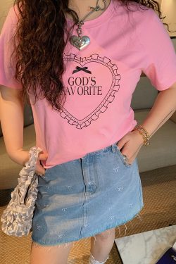 Plus Size Love Heart Bow Short Sleeve T-shirt for Women - Unique Beautiful Design - Spring/Summer 2025 - Y2K Korean Style Fashion
