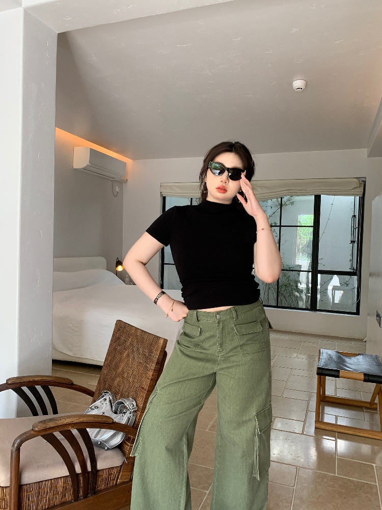 Plus Size Minimalist Fitted Half-High Neck Pleated Short Sleeve High-Stretch T-Shirt for Summer - Slimming and Stylish Plus Size Minimalist Fitted Half-High Neck Pleated Short Sleeve High-Stretch T-Shirt for Summer - Slimming and Stylish