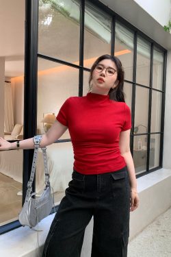 Plus Size Minimalist Fitted Half-High Neck Pleated Short Sleeve High-Stretch T-Shirt for Summer - Slimming and Stylish