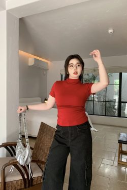 Plus Size Minimalist Fitted Half-High Neck Pleated Short Sleeve High-Stretch T-Shirt for Summer - Slimming and Stylish