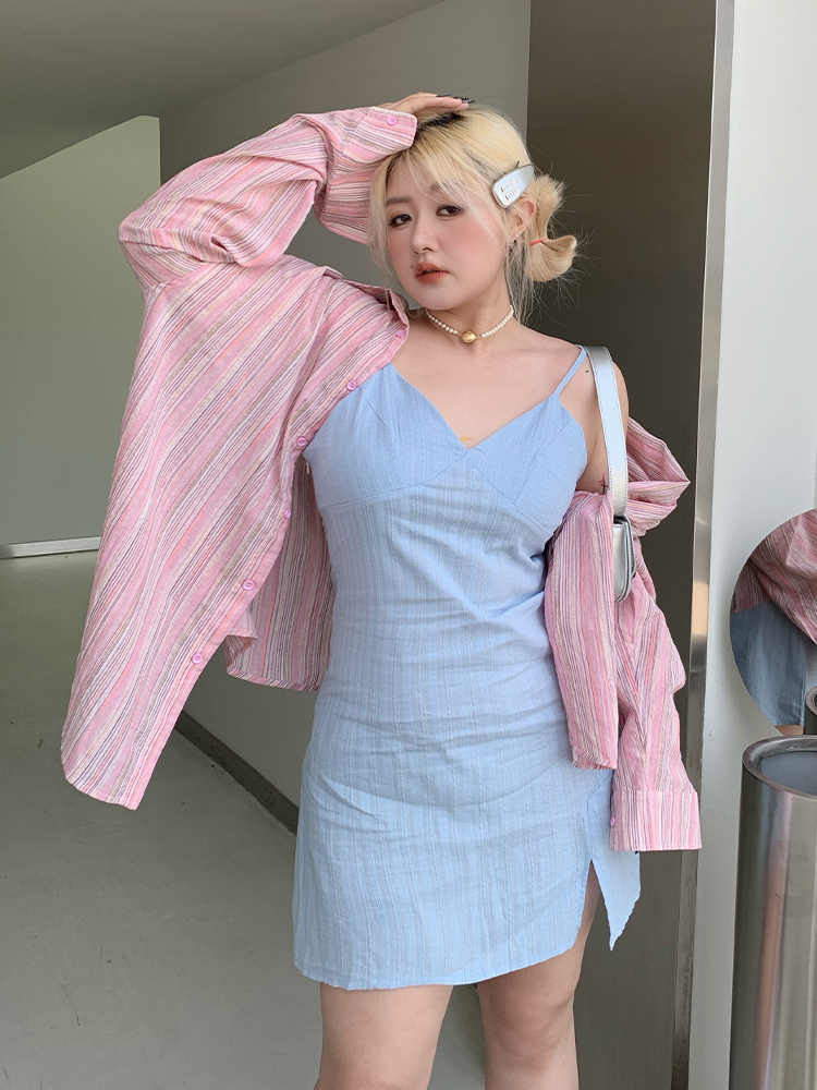 Plus Size Minimalist Oversized Striped Shirt Jacket - Breathable Sun Protection for Fresh Summer Style Plus Size Minimalist Oversized Striped Shirt Jacket - Breathable Sun Protection for Fresh Summer Style