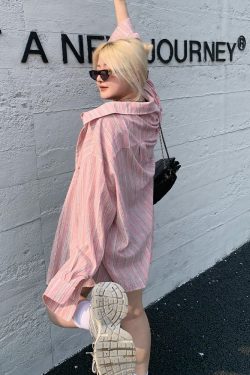 Plus Size Minimalist Oversized Striped Shirt Jacket - Breathable Sun Protection for Fresh Summer Style