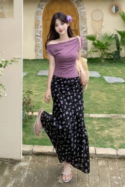 Plus Size Off-Shoulder Floral Two-Piece Set for Women - Summer Short Sleeve T-Shirt & High-Waisted Skirt, Trendy Ins Style