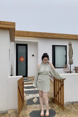 Plus Size Off-Shoulder Halter Long Sleeve Shirt Dress in Pure Desire Style - Trendy Chubby Fit, Fashionable Everyday Wear