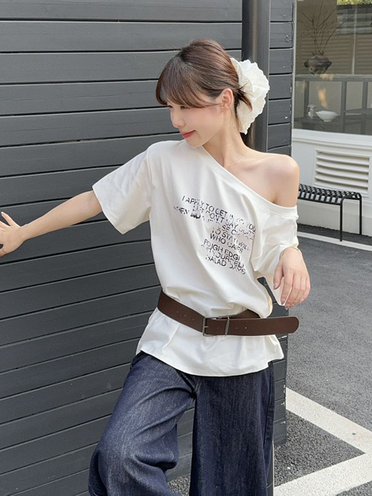 Plus Size Off-Shoulder Letter Print T-Shirt for Women, Summer Loose Fit Top, Flattering Curvy Style, Belly Coverage, Casual American Fashion Plus Size Off-Shoulder Letter Print T-Shirt for Women, Summer Loose Fit Top, Flattering Curvy Style, Belly Coverage, Casual American Fashion