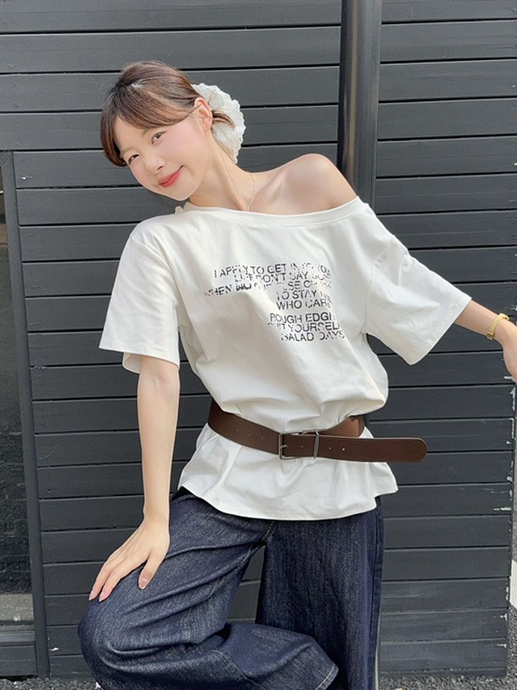 Plus Size Off-Shoulder Letter Print T-Shirt for Women, Summer Loose Fit Top, Flattering Curvy Style, Belly Coverage, Casual American Fashion Plus Size Off-Shoulder Letter Print T-Shirt for Women, Summer Loose Fit Top, Flattering Curvy Style, Belly Coverage, Casual American Fashion