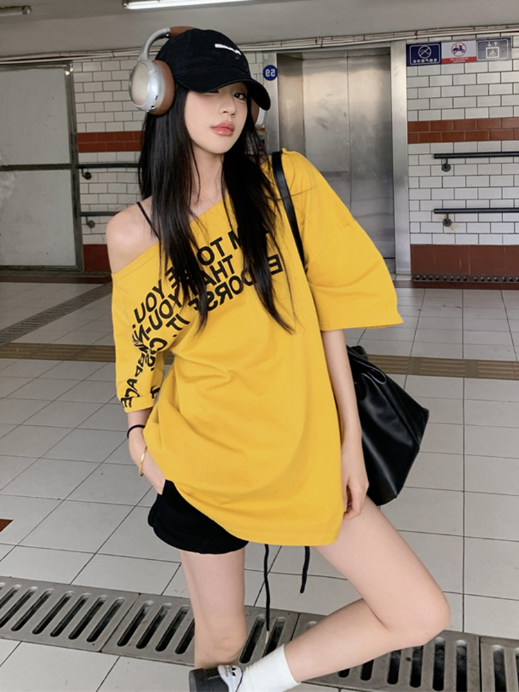 Plus Size Off-Shoulder Letter T-Shirt for Women - Summer Short Sleeve Loose Fit Slimming Top - Spicy Girl American Style Plus Size Off-Shoulder Letter T-Shirt for Women - Summer Short Sleeve Loose Fit Slimming Top - Spicy Girl American Style