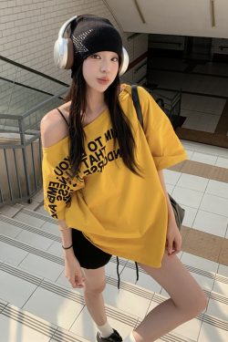 Plus Size Off-Shoulder Letter T-Shirt for Women - Summer Short Sleeve Loose Fit Slimming Top - Spicy Girl American Style