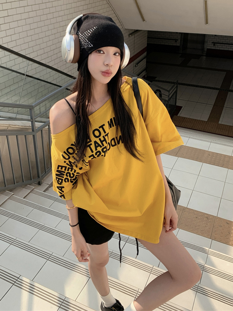 Plus Size Off-Shoulder Letter T-Shirt for Women - Summer Short Sleeve Loose Fit Slimming Top - Spicy Girl American Style Plus Size Off-Shoulder Letter T-Shirt for Women - Summer Short Sleeve Loose Fit Slimming Top - Spicy Girl American Style