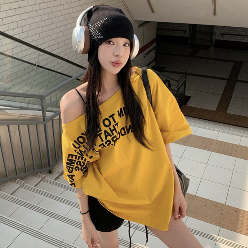 Plus Size Off-Shoulder Letter T-Shirt for Women - Summer Short Sleeve Loose Fit Slimming Top - Spicy Girl American Style Plus Size Off-Shoulder Letter T-Shirt for Women - Summer Short Sleeve Loose Fit Slimming Top - Spicy Girl American Style