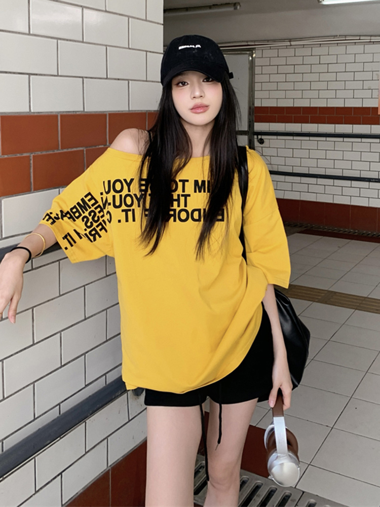 Plus Size Off-Shoulder Letter T-Shirt for Women - Summer Short Sleeve Loose Fit Slimming Top - Spicy Girl American Style Plus Size Off-Shoulder Letter T-Shirt for Women - Summer Short Sleeve Loose Fit Slimming Top - Spicy Girl American Style