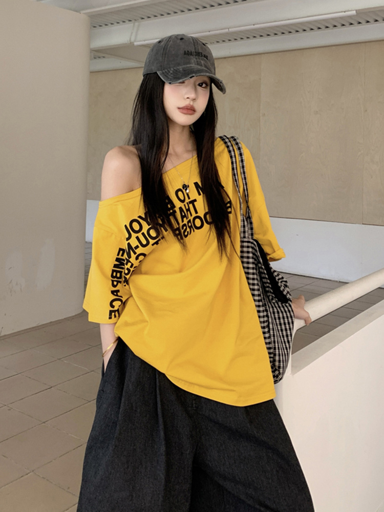 Plus Size Off-Shoulder Letter T-Shirt for Women - Summer Short Sleeve Loose Fit Slimming Top - Spicy Girl American Style Plus Size Off-Shoulder Letter T-Shirt for Women - Summer Short Sleeve Loose Fit Slimming Top - Spicy Girl American Style