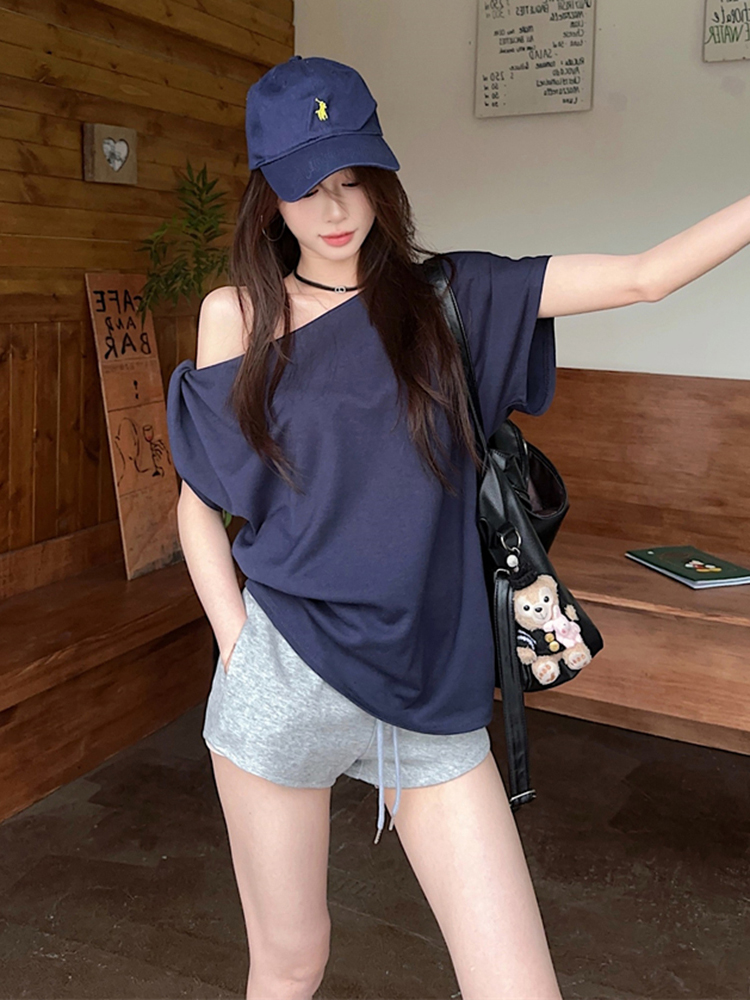 Plus Size Off-Shoulder Short Sleeve T-Shirt for Women - Summer Sweet & Spicy Loose Fit with Twist Detail, Flattering Design Plus Size Off-Shoulder Short Sleeve T-Shirt for Women - Summer Sweet & Spicy Loose Fit with Twist Detail, Flattering Design