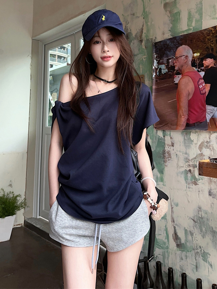 Plus Size Off-Shoulder Short Sleeve T-Shirt for Women - Summer Sweet & Spicy Loose Fit with Twist Detail, Flattering Design Plus Size Off-Shoulder Short Sleeve T-Shirt for Women - Summer Sweet & Spicy Loose Fit with Twist Detail, Flattering Design